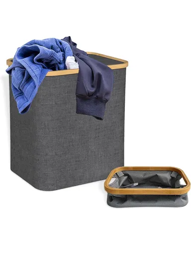 Cloth Storage Basket, Foldable Laundry Hamper with Bamboo Frame (W40.5 × D33 × H45)cm – Beige