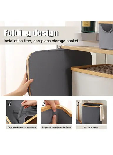 Cloth Storage Basket, Foldable Laundry Hamper with Bamboo Frame (W40.5 × D33 × H45)cm – Beige