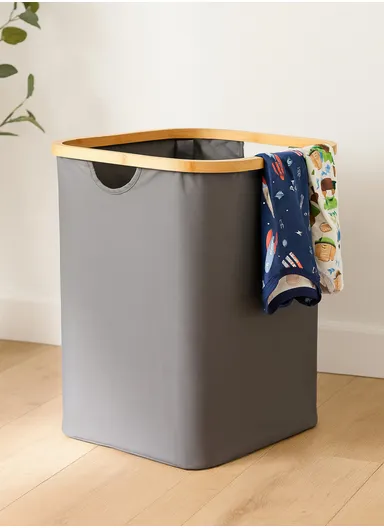 Cloth Storage Basket, Foldable Laundry Hamper with Bamboo Frame (W40.5 × D33 × H45)cm – Beige