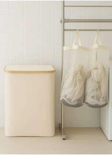 140L Laundry Basket 3 Compartments foldable Laundry Hamper with Lid Laundry Sorter - Beige