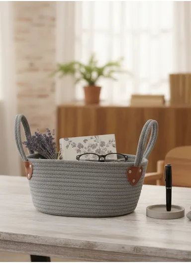Cotton Rope Organizer Basket with Sturdy Handles (L29 × W19 × H14) cm – Grey