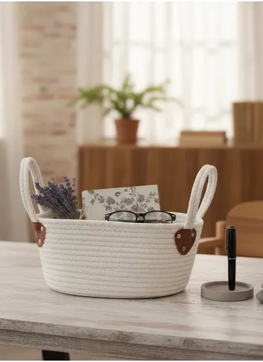 Cotton Rope Organizer Basket with Sturdy Handles (L29 × W19 × H14) cm – White