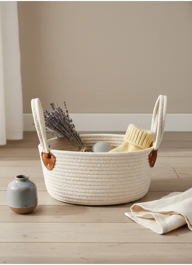 Cotton Rope Organizer Basket with Sturdy Handles (L29 × W19 × H14) cm – White