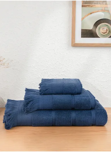 3 Pieces Ocean Serenity 600 GSM Luxury Turkish Cotton Towel Set - Navy Blue