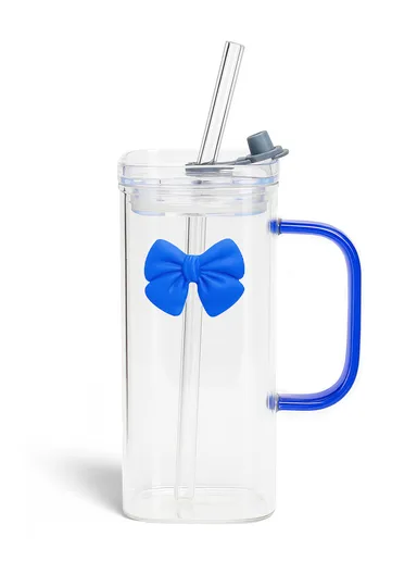 320ml Square Beverages Glass Mug with Lid &amp; Straw - Blue