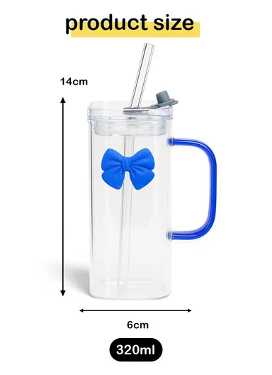 320ml Square Beverages Glass Mug with Lid &amp; Straw - Blue