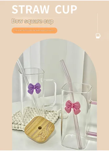 320ml Square Beverages Glass Mug with Lid &amp; Straw - Blue