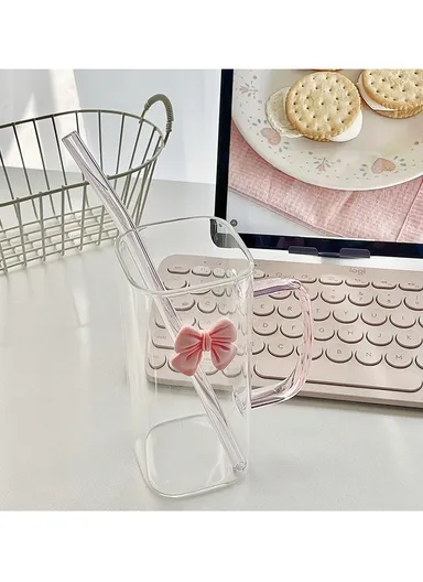 320ml Square Beverages Glass Mug with Lid &amp; Straw - Blue