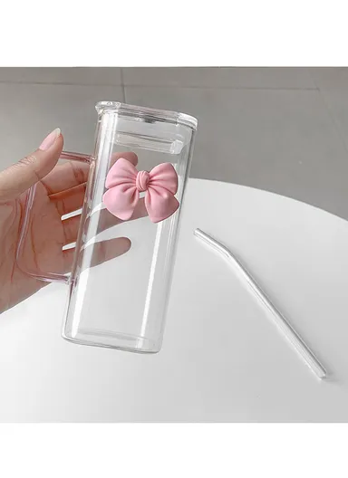 320ml Square Beverages Glass Mug with Lid &amp; Straw - Blue