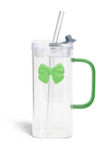 320ml Square Beverages Glass Mug with Lid &amp; Straw - Green