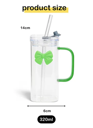 320ml Square Beverages Glass Mug with Lid &amp; Straw - Green