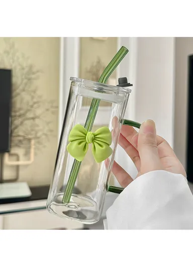 320ml Square Beverages Glass Mug with Lid &amp; Straw - Green