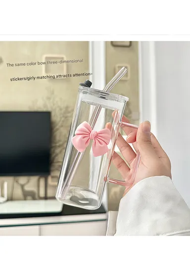 320ml Square Beverages Glass Mug with Lid &amp; Straw - Green