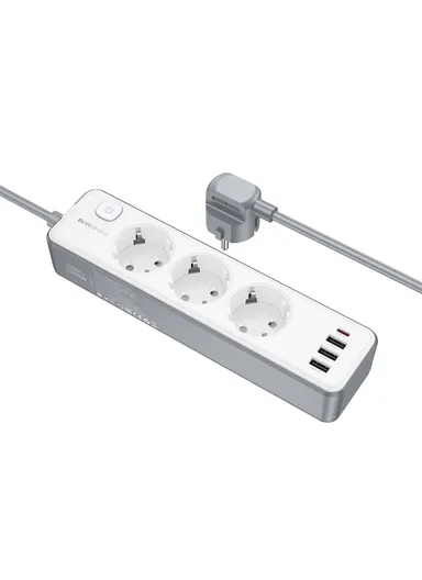 Multi-Output Power Strip, 3 Sockets, 4 USB + 1 Type-C Ports &amp; 2m Cord BAC9 