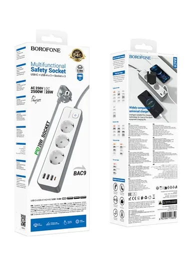 Multi-Output Power Strip, 3 Sockets, 4 USB + 1 Type-C Ports &amp; 2m Cord BAC9 