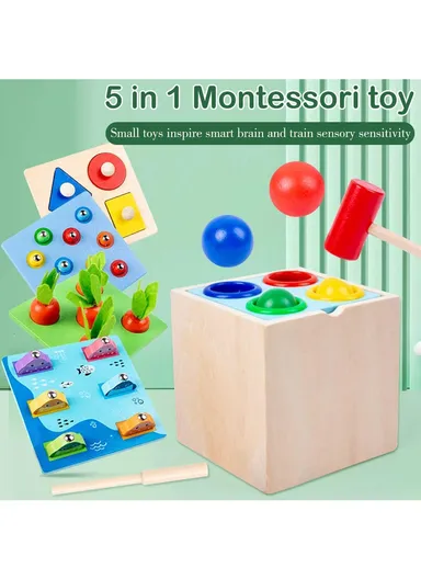 5 In 1 Wooden Pounding Toy for Toddlers, Color Matching Educational Hammer Toy, Safe &amp; Durable