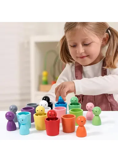 Wooden Peg Dolls in Cups, Montessori Color Matching Toy for Fine Motor Skills &amp; Cognitive Development
