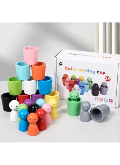 Wooden Peg Dolls in Cups, Montessori Color Matching Toy for Fine Motor Skills &amp; Cognitive Development