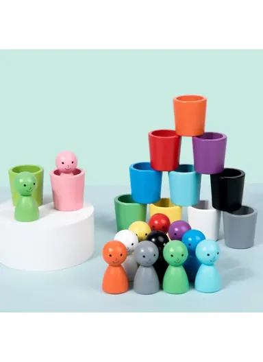 Wooden Peg Dolls in Cups, Montessori Color Matching Toy for Fine Motor Skills &amp; Cognitive Development