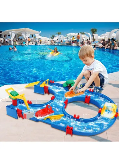 39-Pcs Water Table Playset with Crane, Boats &amp; Dynamic Water Features