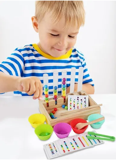 Montessori Wooden Rainbow Clip Bead Sorting Toy Educational Pegboard Game