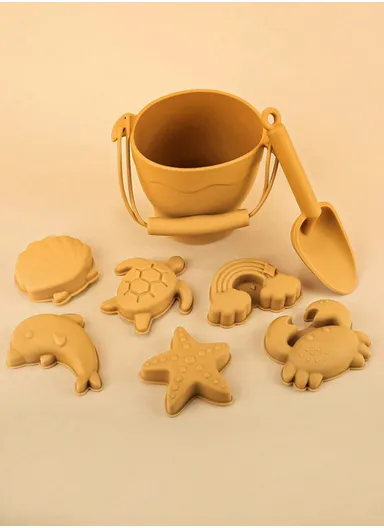 8Pcs Eco-Friendly Silicone Beach Toy Set, Colorful &amp; Safe - Mustard
