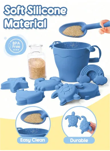 8Pcs Eco-Friendly Silicone Beach Toy Set, Colorful &amp; Safe - Mustard