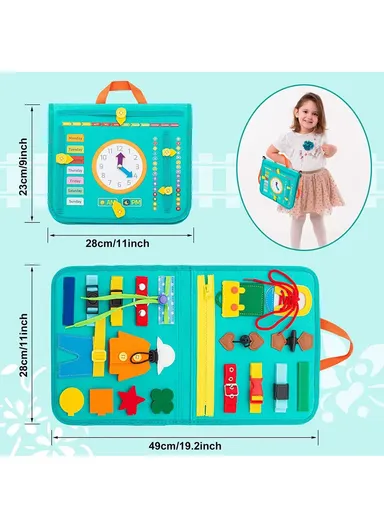 Toddler Busy Board, Real-Life Dressing Practice, Portable with Shoulder Strap - Green