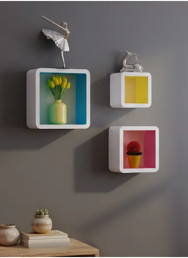 3-Pcs Home Room Decoration Square Wall Shelf Mount Display Ledge Storage Rack With Inner Color Design
