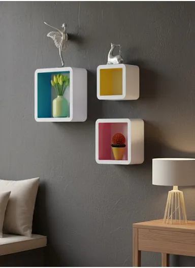 3-Pcs Home Room Decoration Square Wall Shelf Mount Display Ledge Storage Rack With Inner Color Design