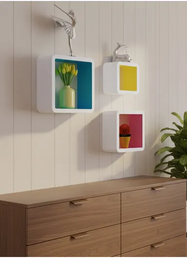 3-Pcs Home Room Decoration Square Wall Shelf Mount Display Ledge Storage Rack With Inner Color Design