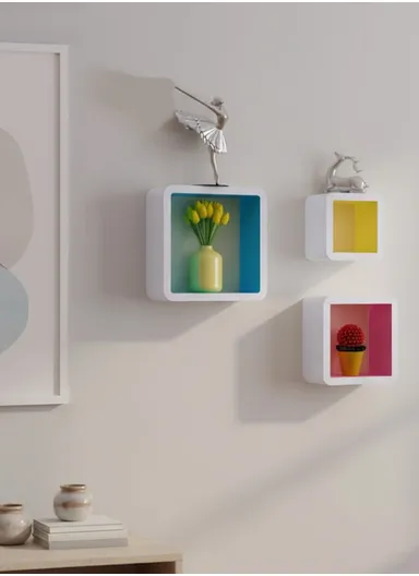 3-Pcs Home Room Decoration Square Wall Shelf Mount Display Ledge Storage Rack With Inner Color Design