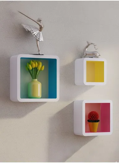 3-Pcs Home Room Decoration Square Wall Shelf Mount Display Ledge Storage Rack With Inner Color Design