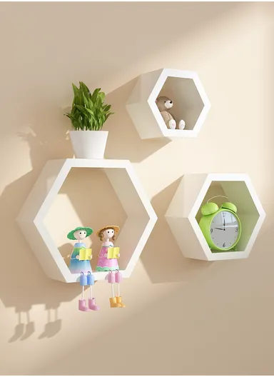 3-Pcs Home Room Decoration Hexagonal Wall Shelf Mount Display Ledge Storage Rack - White
