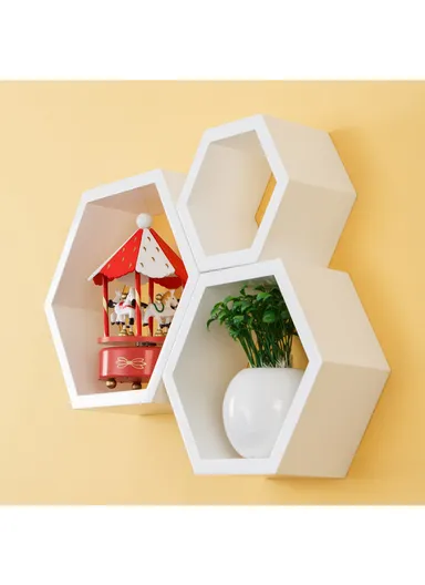 3-Pcs Home Room Decoration Hexagonal Wall Shelf Mount Display Ledge Storage Rack - White
