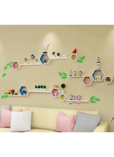 3-Pcs Home Room Decoration Hexagonal Wall Shelf Mount Display Ledge Storage Rack - White