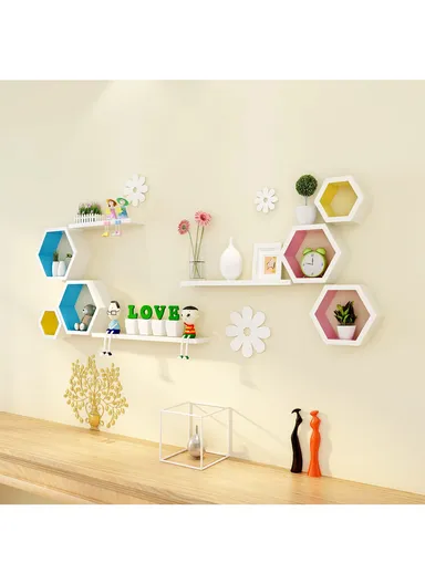 3-Pcs Home Room Decoration Hexagonal Wall Shelf Mount Display Ledge Storage Rack - White