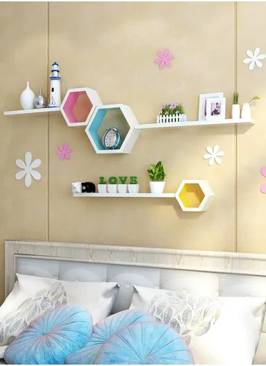 3-Pcs Home Room Decoration Hexagonal Wall Shelf Mount Display Ledge Storage Rack - White