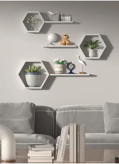 3-Pcs Home Room Decoration Hexagonal Wall Shelf Mount Display Ledge Storage Rack - White