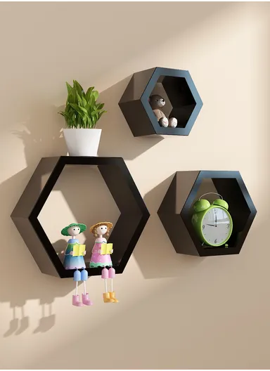 3-Pcs Home Room Decoration Hexagonal Wall Shelf Mount Display Ledge Storage Rack - Black