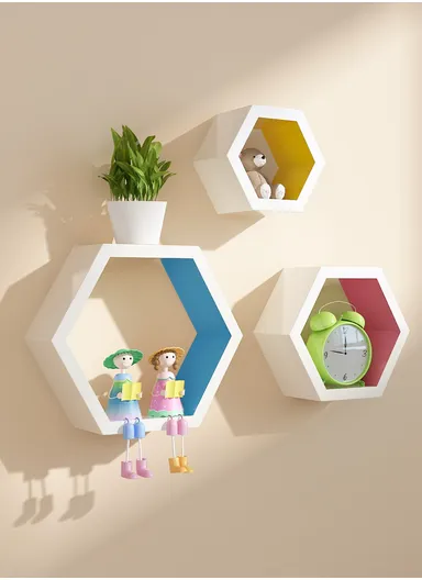 3-Pcs Home Room Decoration Hexagonal Wall Shelf Mount Display Ledge Storage Rack - Black / Inner Multicolor