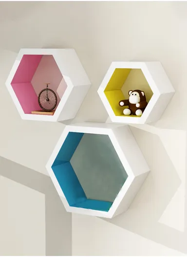 3-Pcs Home Room Decoration Hexagonal Wall Shelf Mount Display Ledge Storage Rack - Black / Inner Multicolor