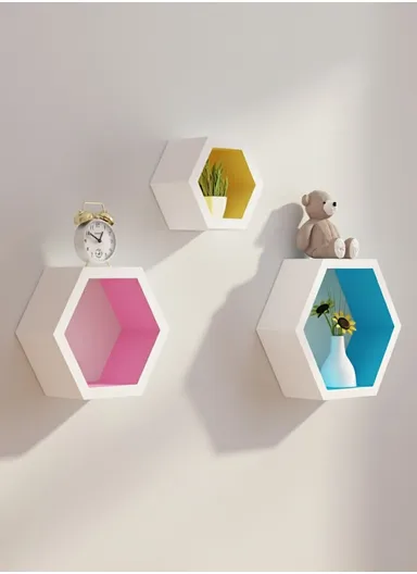 3-Pcs Home Room Decoration Hexagonal Wall Shelf Mount Display Ledge Storage Rack - Black / Inner Multicolor