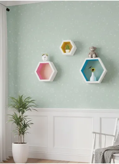 3-Pcs Home Room Decoration Hexagonal Wall Shelf Mount Display Ledge Storage Rack - Black / Inner Multicolor