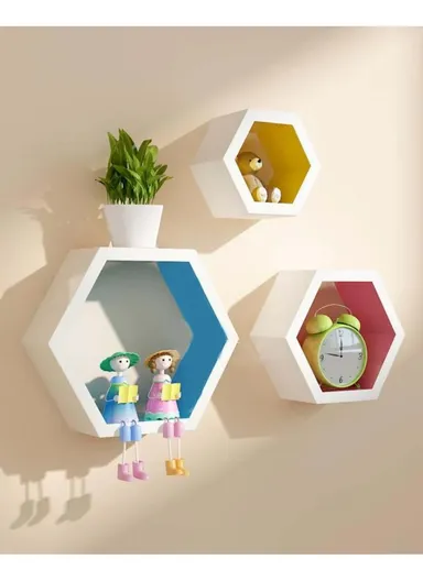 3-Pcs Home Room Decoration Hexagonal Wall Shelf Mount Display Ledge Storage Rack - Black / Inner Multicolor