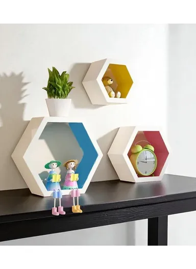 3-Pcs Home Room Decoration Hexagonal Wall Shelf Mount Display Ledge Storage Rack - Black / Inner Multicolor
