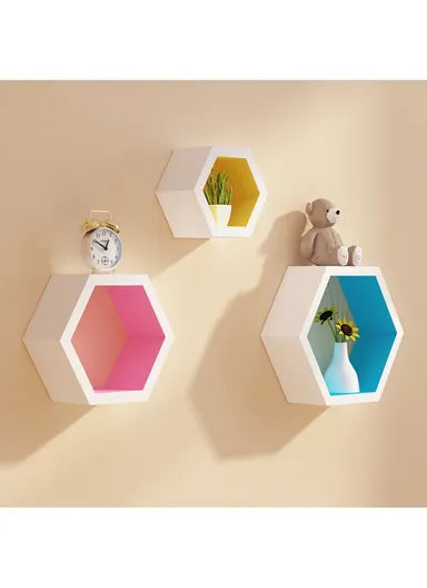 3-Pcs Home Room Decoration Hexagonal Wall Shelf Mount Display Ledge Storage Rack - Black / Inner Multicolor