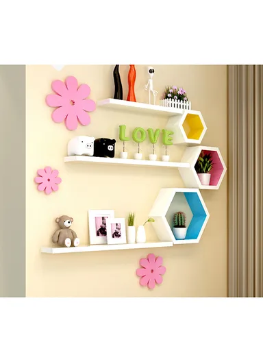 3-Pcs Home Room Decoration Hexagonal Wall Shelf Mount Display Ledge Storage Rack - Black / Inner Multicolor