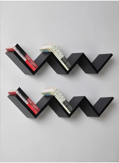 2-Pcs Home Room Decoration W-Shaped Wall Shelf Mount Display Ledge Storage Rack - Black