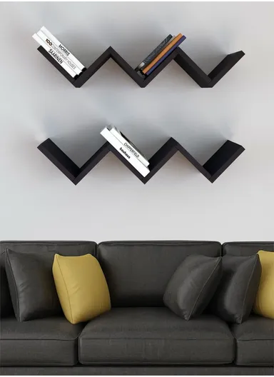 2-Pcs Home Room Decoration W-Shaped Wall Shelf Mount Display Ledge Storage Rack - Black